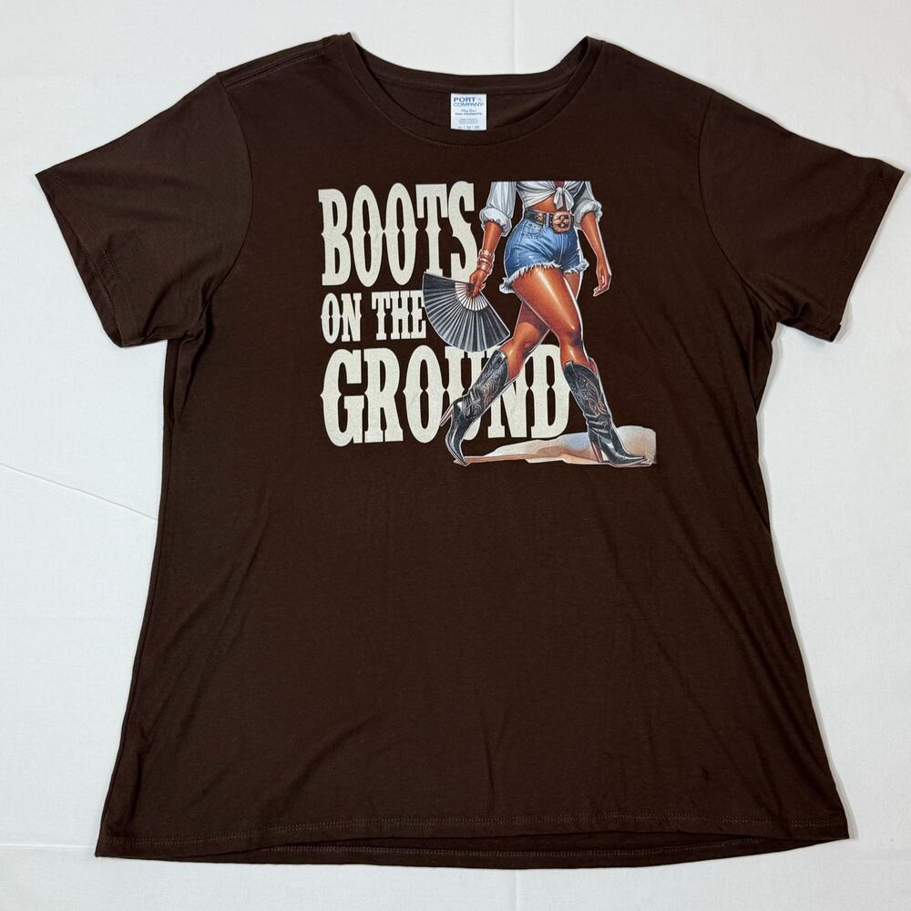 Women’s XL Boots On The Ground Graphic Tee – Brown Western Shirt